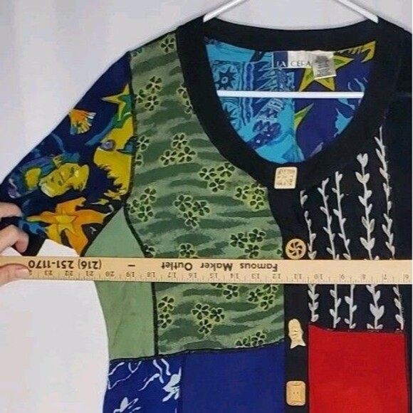 La Cera Crinkle Button Front Dress Medium Patchwork Pocket Artsy Shabby Chic - Picture 6 of 10